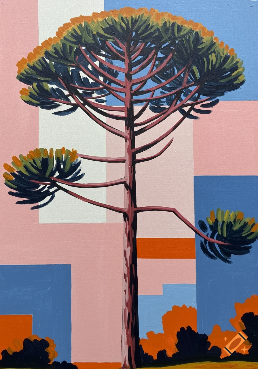 An abstract painting in the style of Henri Matisse featuring a tall Araucaria tree. The background is composed of blocks of light pink, white, and blue, with orange bushes at the base. Bold contrasts and expressive color blocks are used.