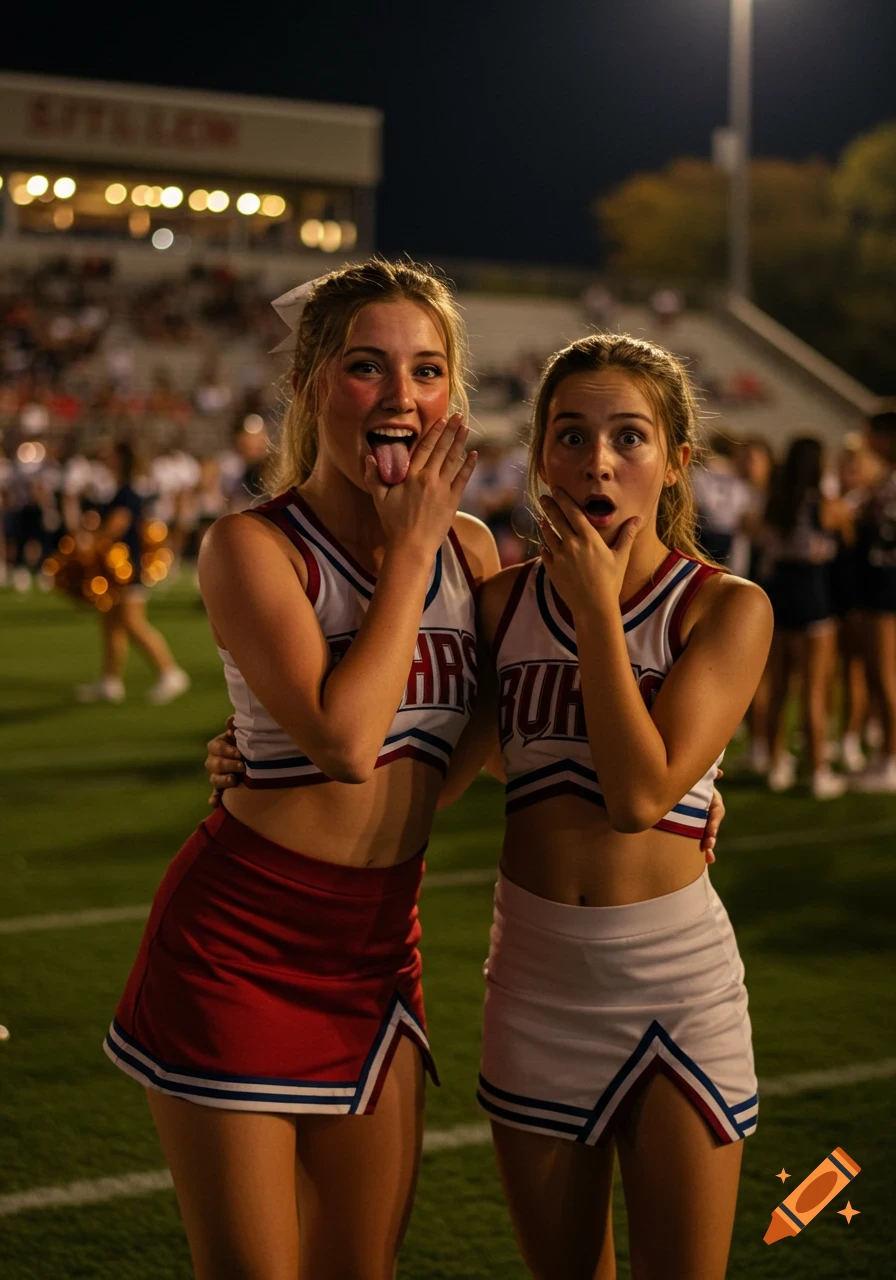 Two smiling cheerleaders at night on a field, one sticking out her tongue, the other looking surprised with her hand to her mouth.