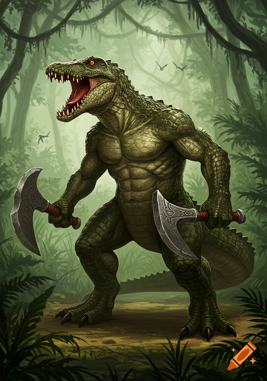 A fierce bipedal sarcosuchus-like creature, roaring and holding two axes, stands in a lush jungle.