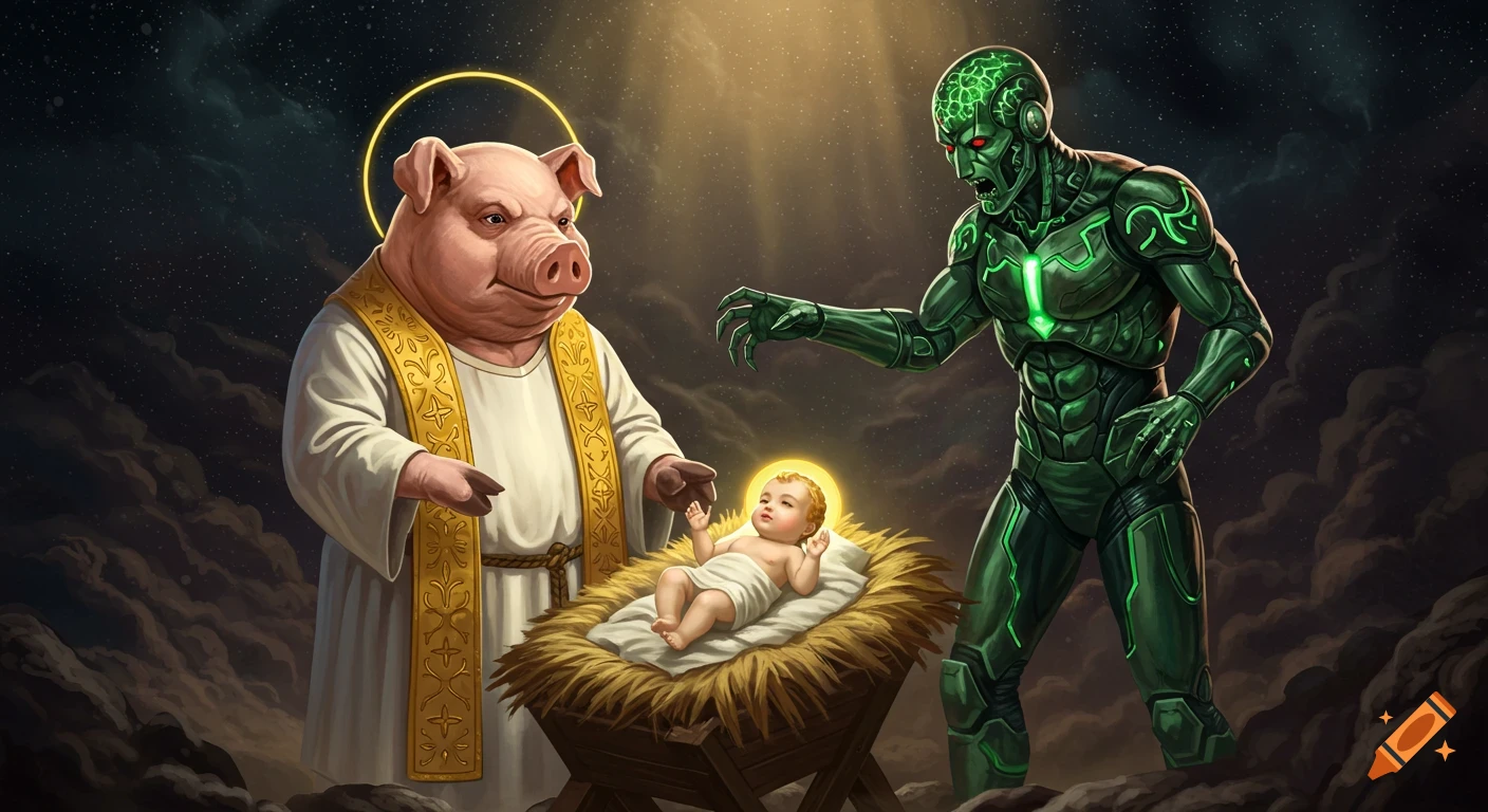 An anthropomorphic pig priest defends baby Jesus in a manger from a menacing green cyborg under a starry sky, digital art.