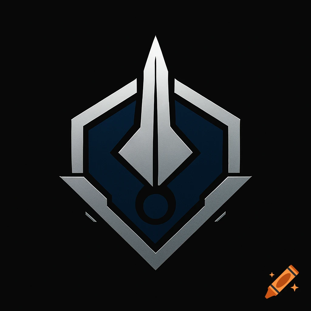 A minimalist sci-fi logo featuring silver geometric shapes and a dark blue center on a black background.