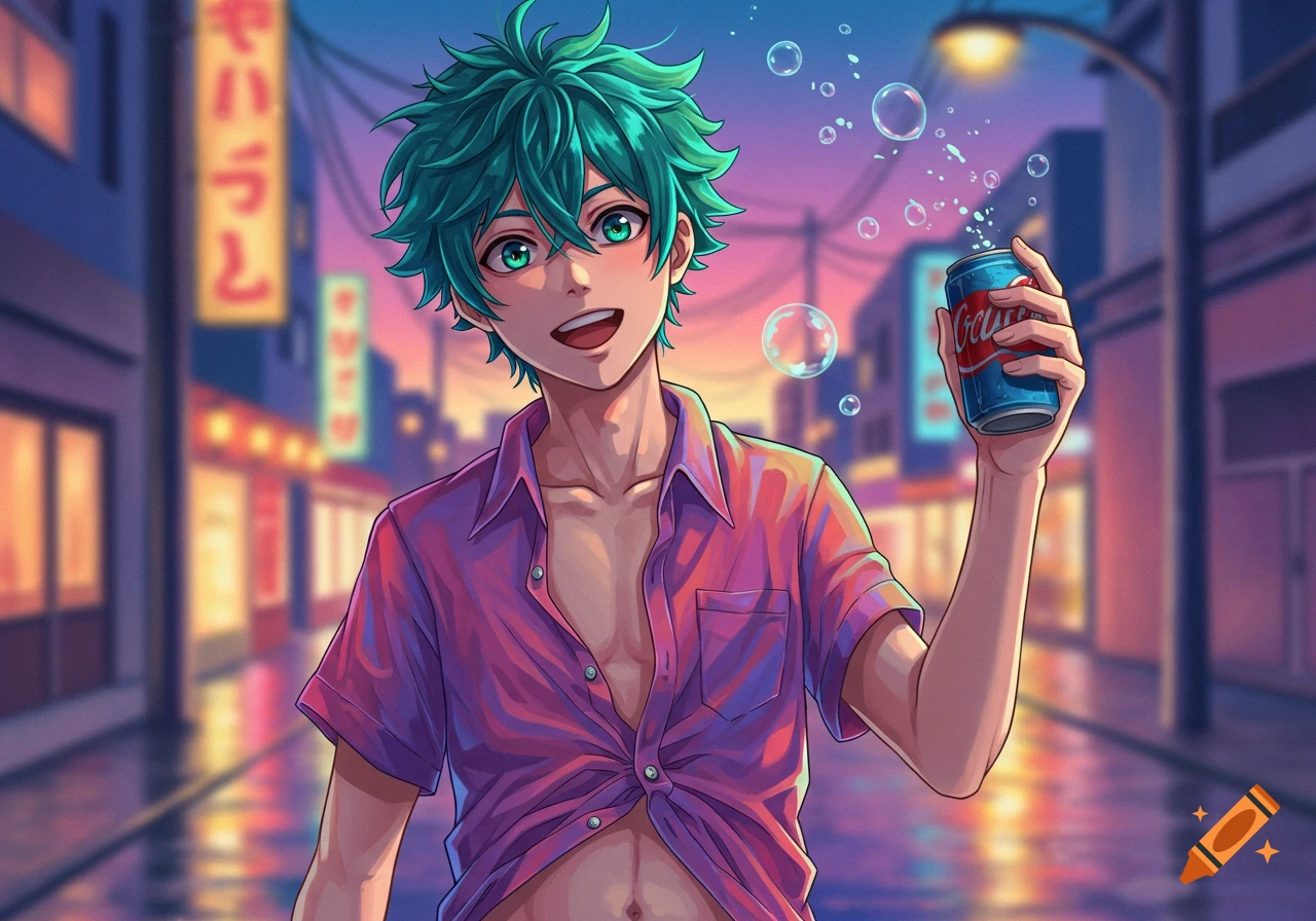 An anime male with green hair and an open pink shirt smiles while holding a soda can on a vibrant city street at dusk.