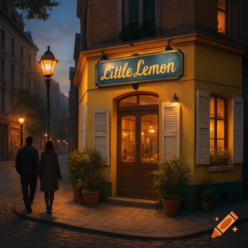 A charming yellow restaurant named 'Little Lemon' with glowing interior lights at dusk. A couple walks past on a cobblestone street, lit by vintage streetlamps.