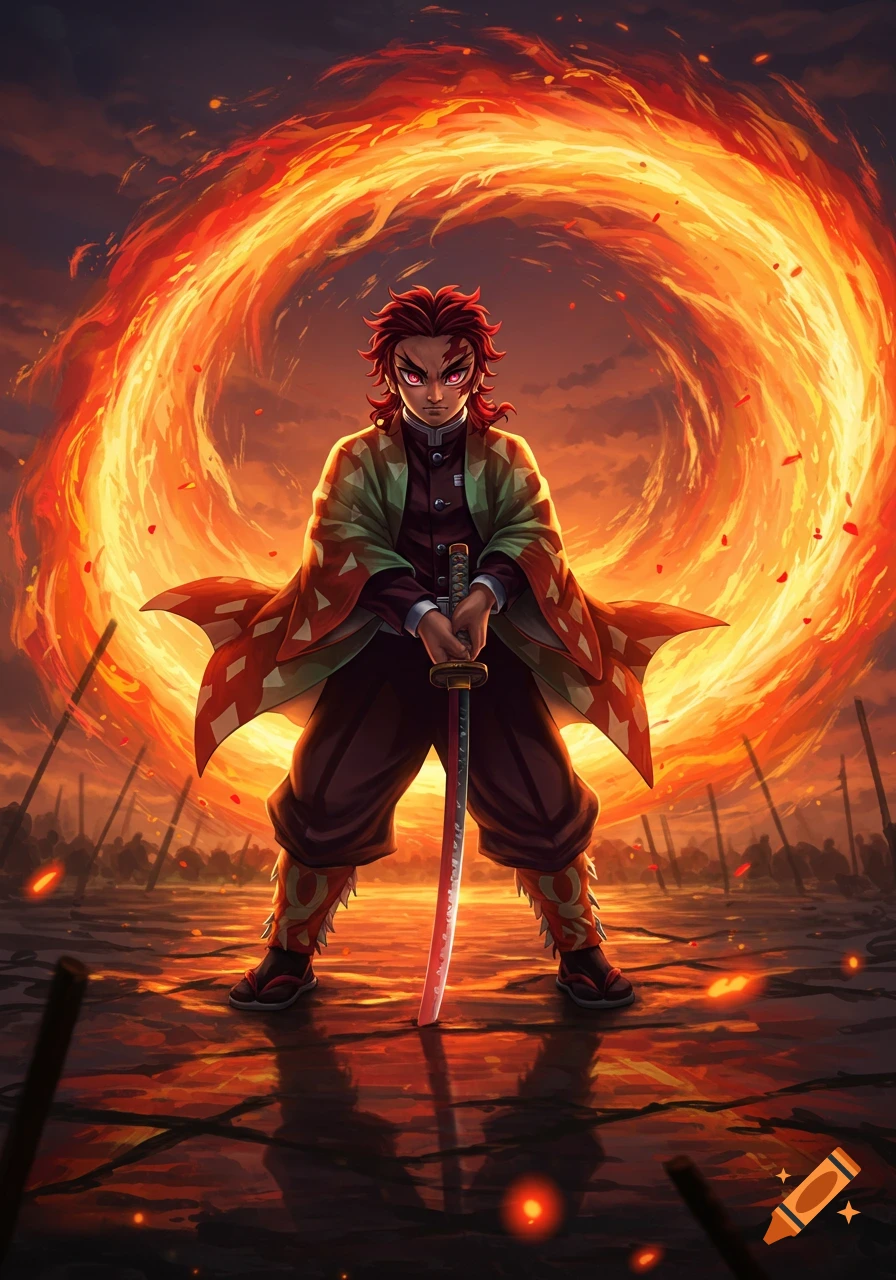 Anime warrior with red hair and orange eyes, wearing a patterned haori, holds a katana amidst swirling flames against a fiery sky.