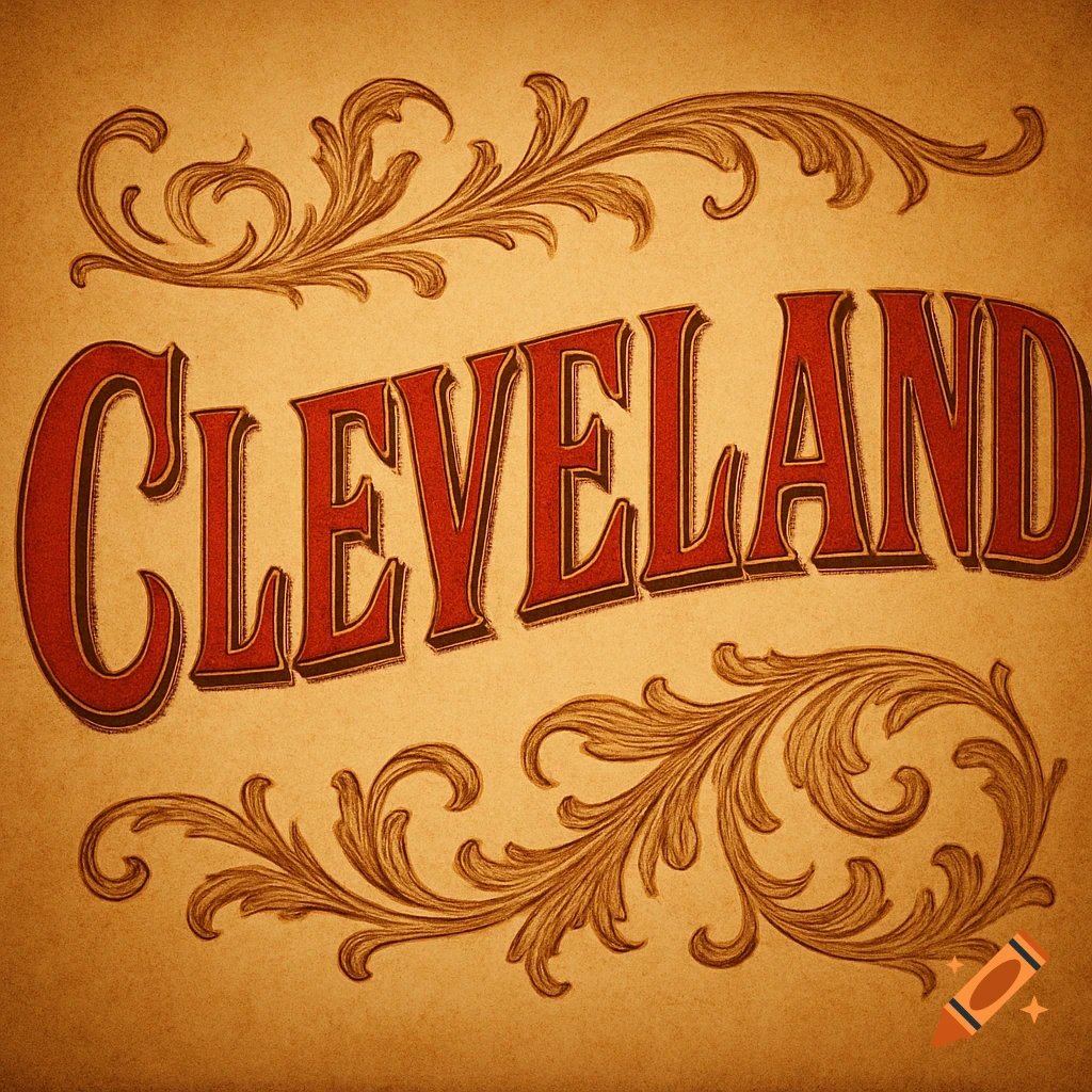 The word CLEVELAND in a red, 19th-century print style with decorative flourishes on a textured brown background.