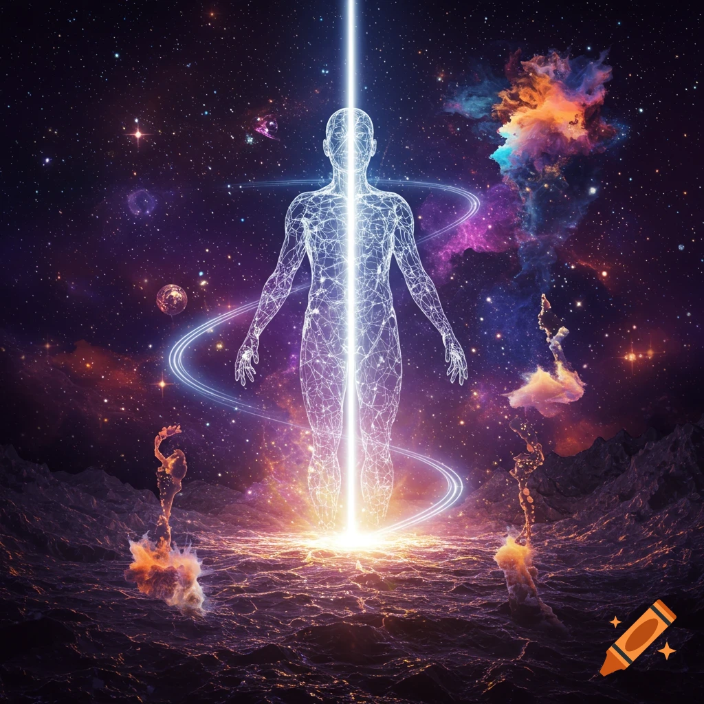 A glowing, ethereal human figure made of light stands on a dark, alien planet under a cosmic sky with stars and nebulae.