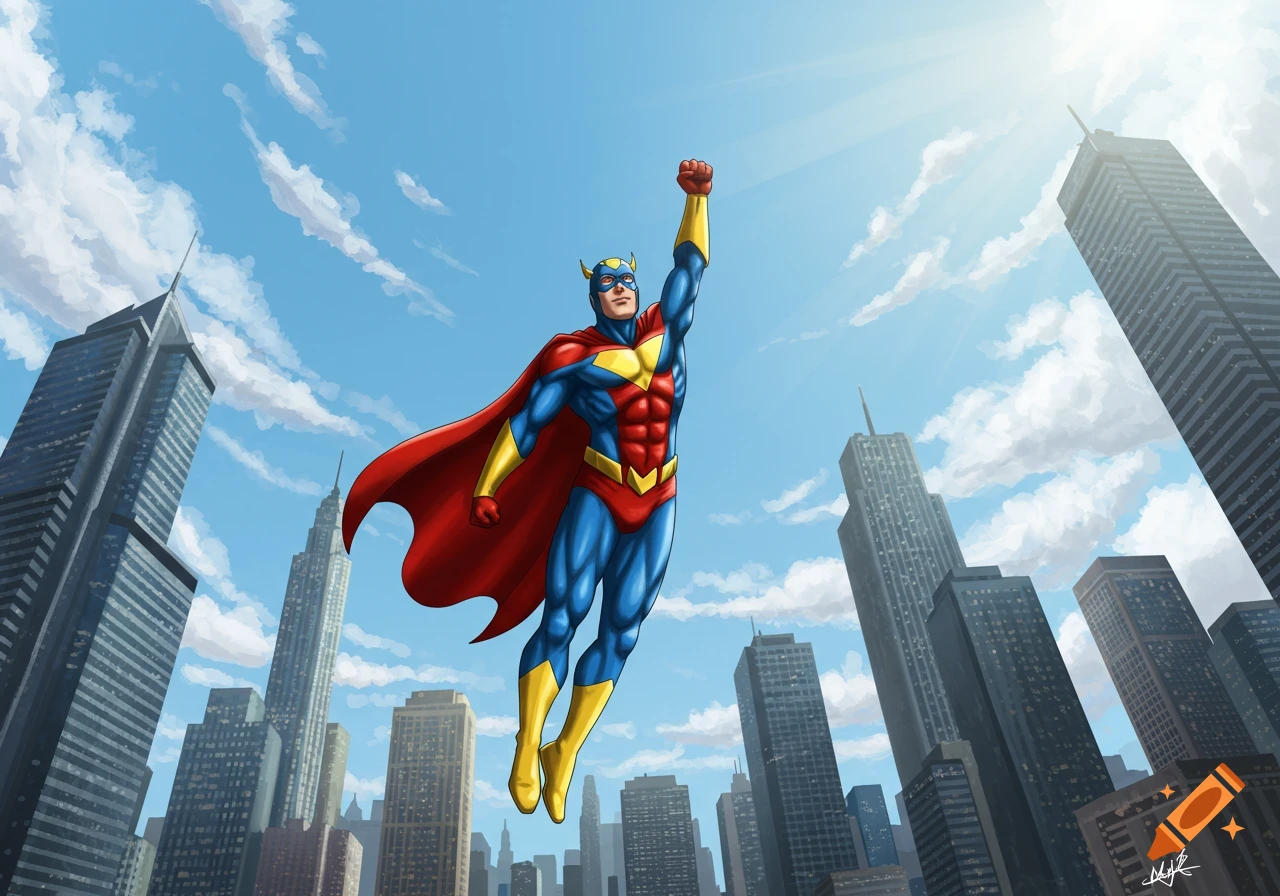 A colorful superhero in a red cape, blue suit, and yellow accents flies upward over a modern city against a bright blue sky.
