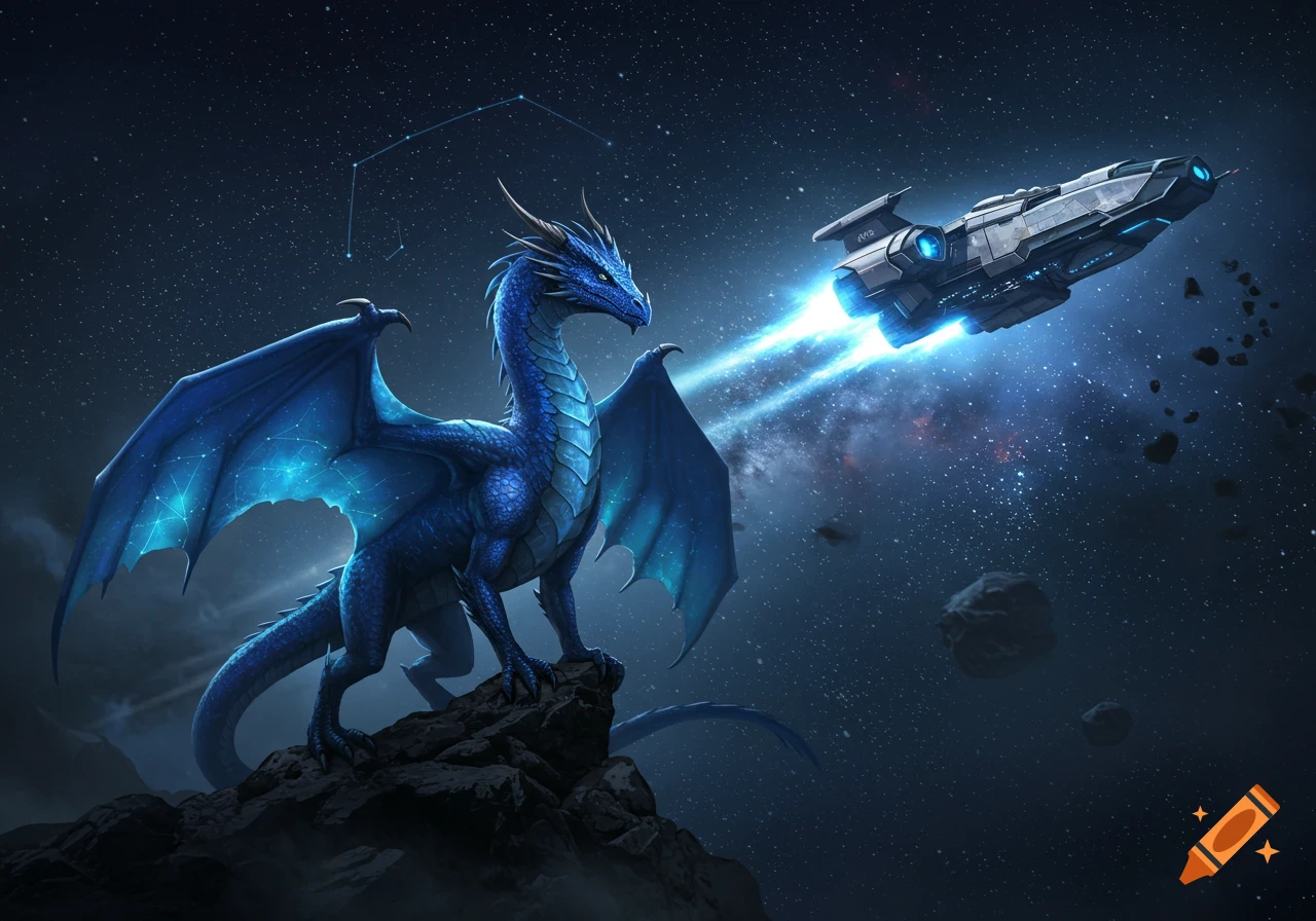 A majestic blue dragon stands on a rocky asteroid, gazing at a sleek spaceship flying through a star-filled galaxy.