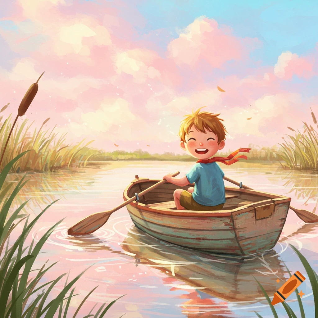 Happy boy rowing a wooden boat on a tranquil lake with reeds under a pastel sky, whimsical illustration style.