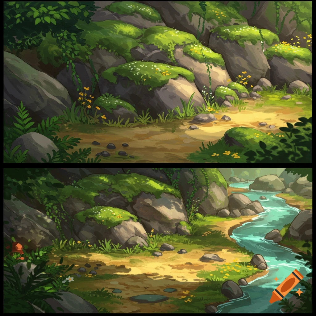 A vibrant Studio Ghibli style digital painting of a rocky, mossy landscape with a river flowing through it.