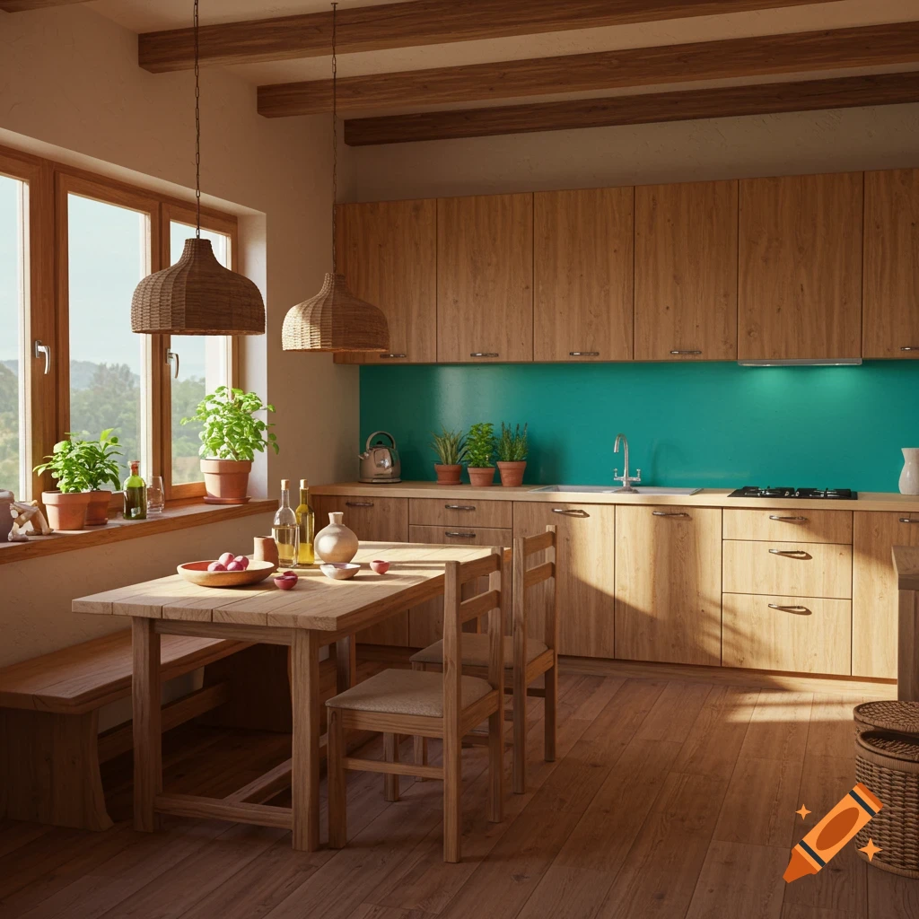 Rustic kitchen and dining room with wooden table, chairs, and cabinets, a teal backsplash, and potted plants by a sunny window.