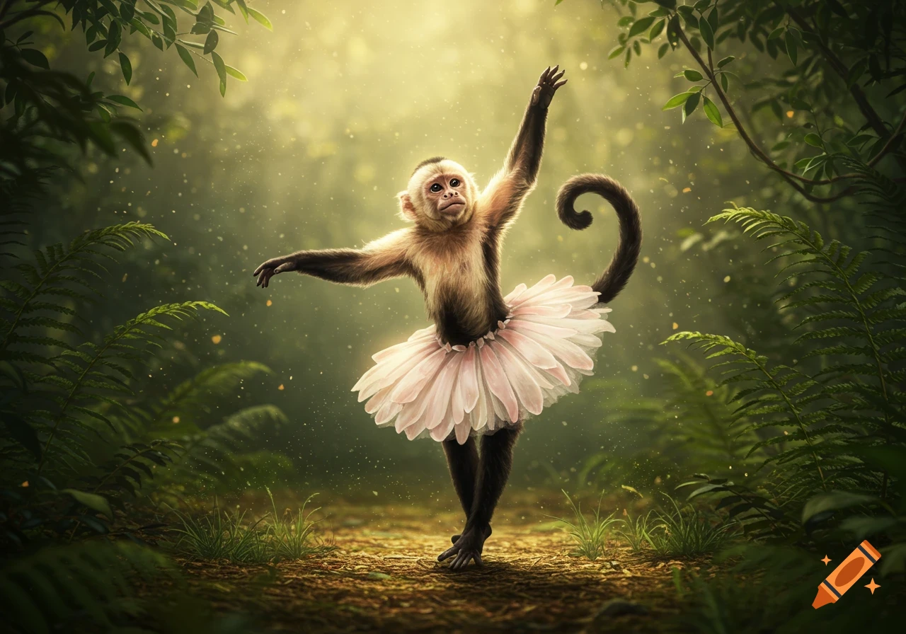 A photorealistic capuchin monkey wearing a pink tutu dances gracefully in an enchanted forest.