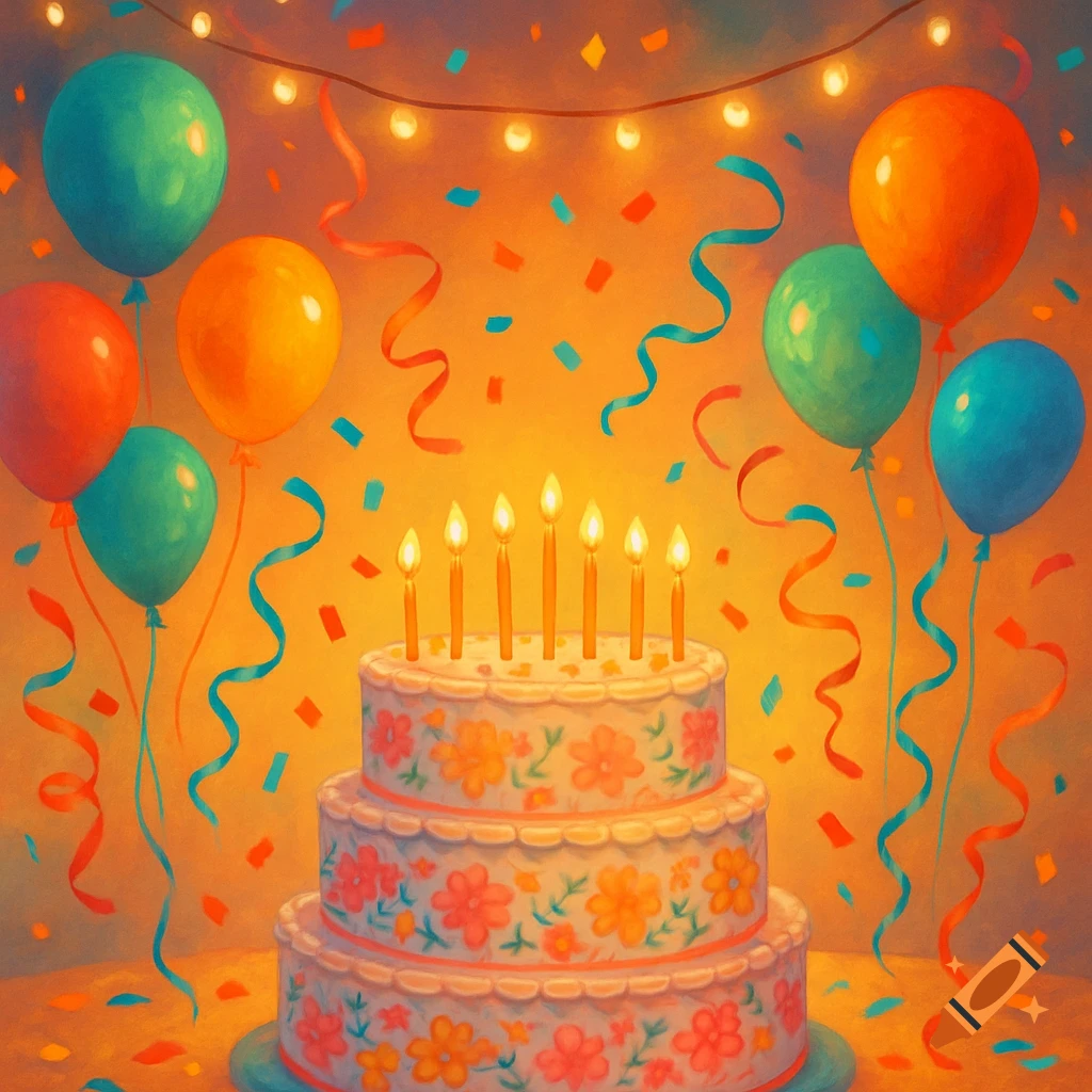 A colorful, stylized painting of a three-tier birthday cake with seven lit candles, surrounded by balloons, confetti, and streamers.