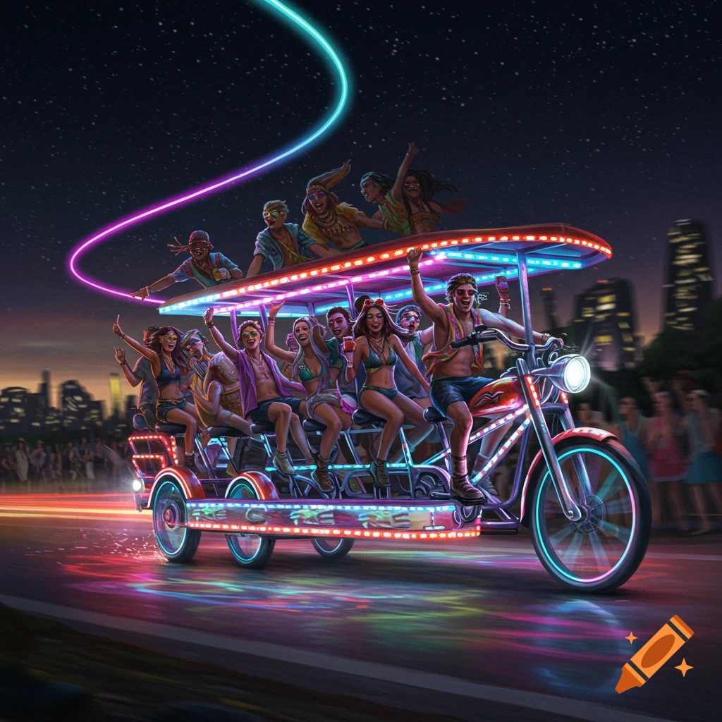 People on a neon-lit party bike driving through a city at night, digital art.