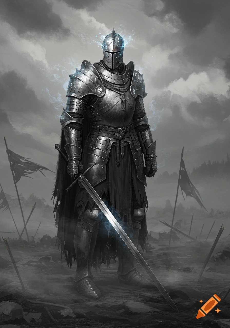 A formidable knight in heavy, detailed armor stands on a desolate, misty battlefield, holding a glowing sword, under a stormy sky.