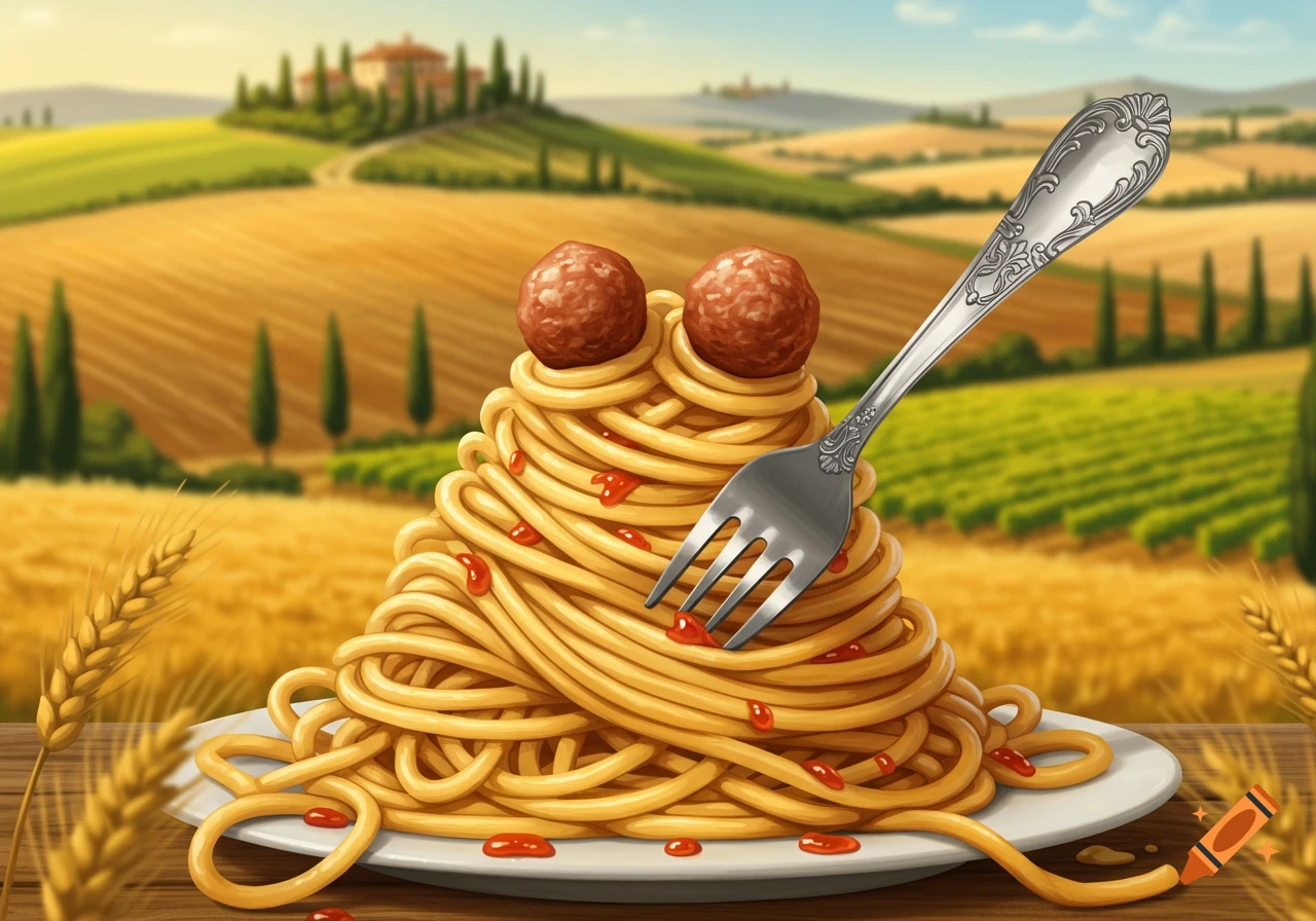 A cartoon spaghetti monster with meatball eyes and a fork sits on a plate in front of a sunny Italian countryside.