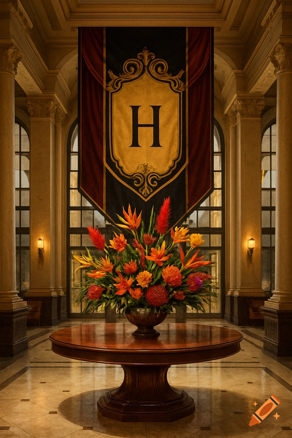 A grand hotel lobby with classical architecture, a large floral arrangement on a round wooden table, and a banner with a letter 'H' in the background.