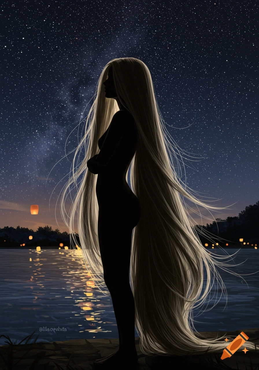 A woman's silhouette with long flowing hair stands by a lake under a starry night sky, with glowing lanterns floating.
