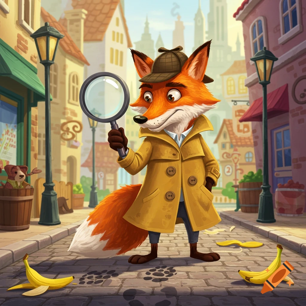 A cartoon fox detective in a trench coat and deerstalker hat holds a magnifying glass on a city street with banana peels and footprints.