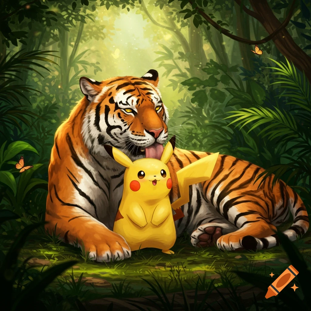A tiger in a vibrant jungle gently licks a smiling Pikachu, with butterflies in a digital illustration.