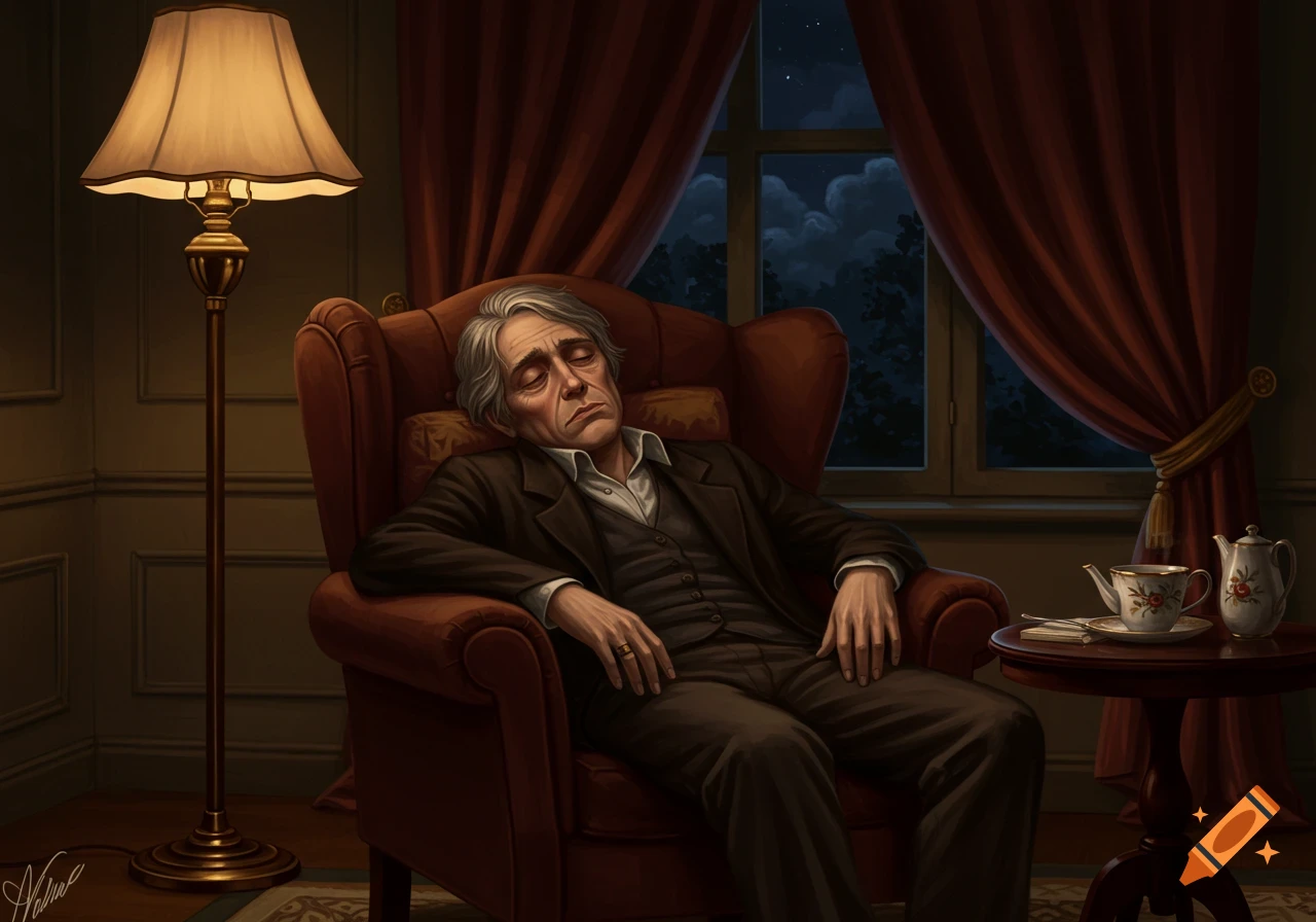 Digital painting of an elderly man with gray hair asleep in a red armchair in a dimly lit room at night.