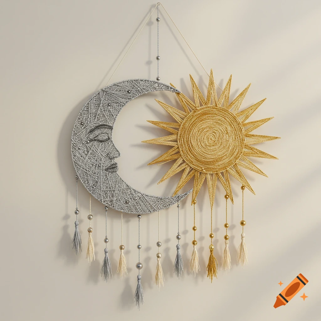 A bohemian-style textile wall hanging featuring a crescent moon with a face on the left and a golden sun on the right, adorned with hanging beads and tassels.