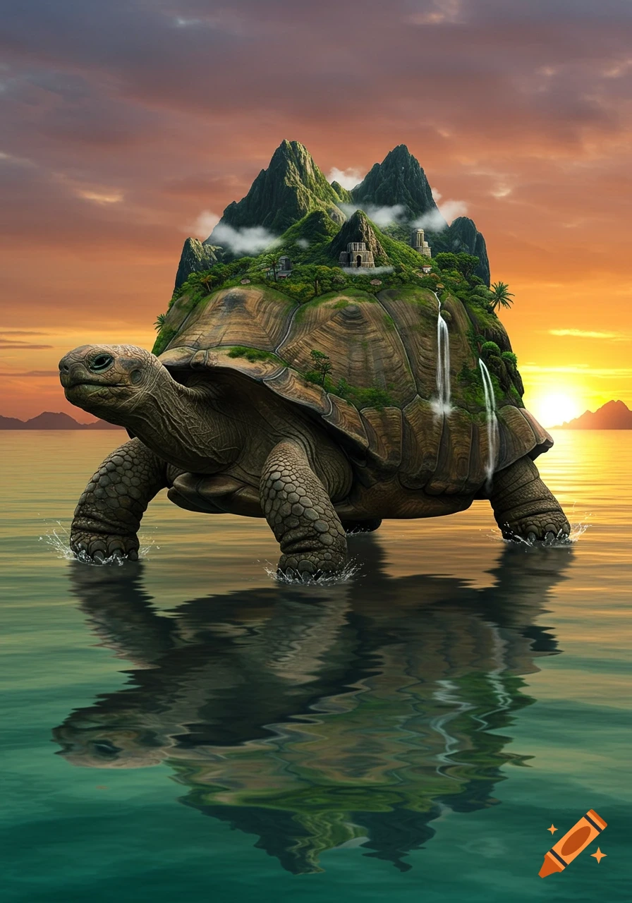 A giant tortoise with a lush green mountainous island on its back, featuring waterfalls and structures, walks through water at sunset.