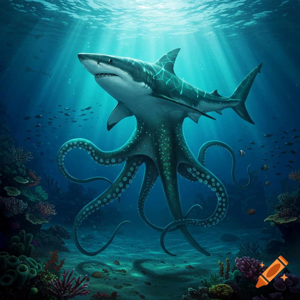A detailed illustration of a shark-octopus hybrid swimming in a vibrant coral reef under dappled sunlight.