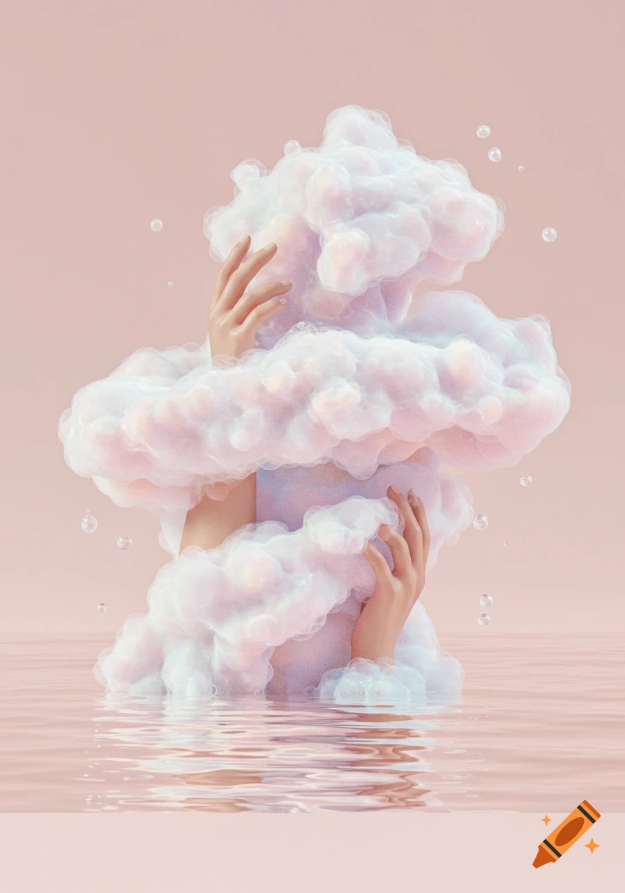 Human hands emerge from a fluffy pink and white cloud in calm pink water, with bubbles floating in a soft pastel pink setting.