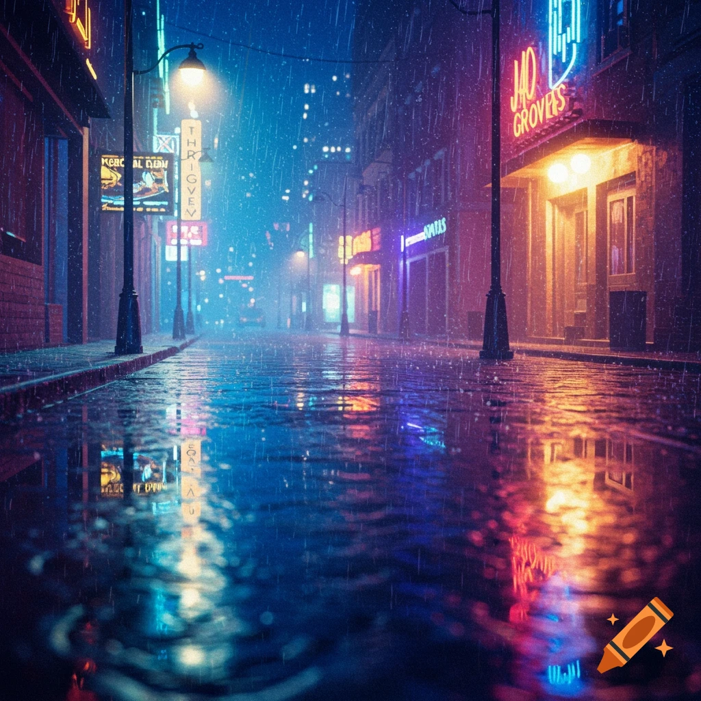 A rainy city street at night, with vibrant neon signs illuminating wet pavement and reflecting in puddles.