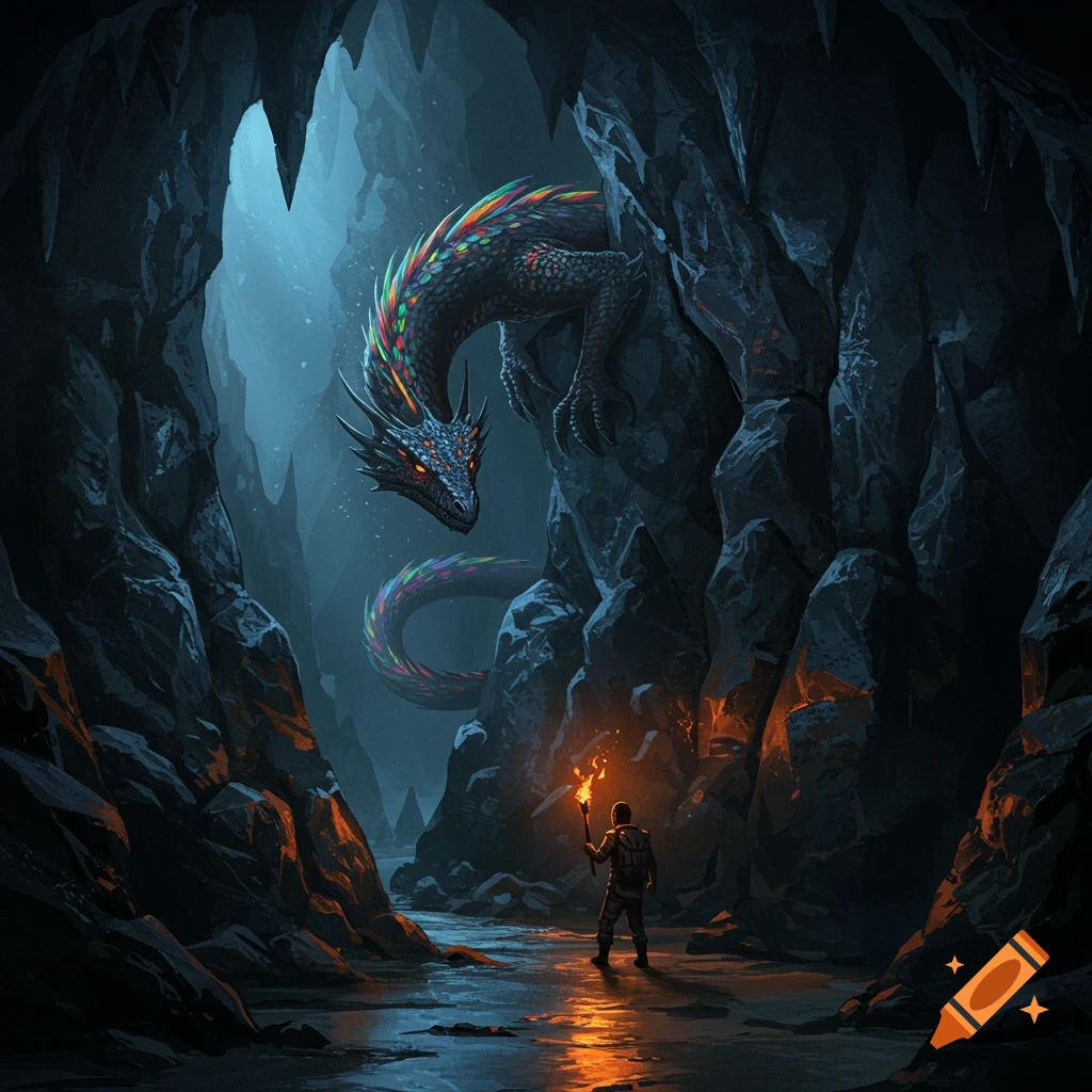 An adventurer with a torch stands in a dark, wet cave, looking up at a large, colorful dragon scaling the cave wall. Fantasy art.
