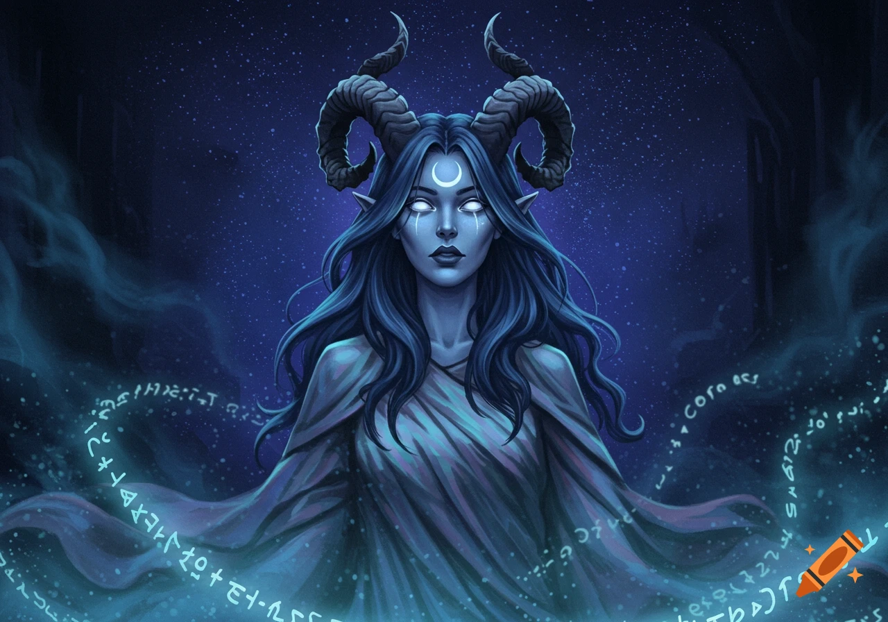 A blue-skinned Tiefling with dark blue hair and large horns, with glowing white eyes and a crescent moon on her forehead, surrounded by glowing mystical symbols.