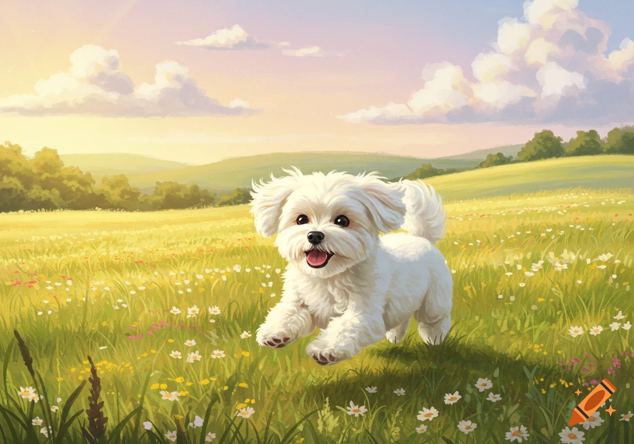 A fluffy white Maltese dog with a happy expression runs through a sunny wildflower field, under a soft pastel sky.
