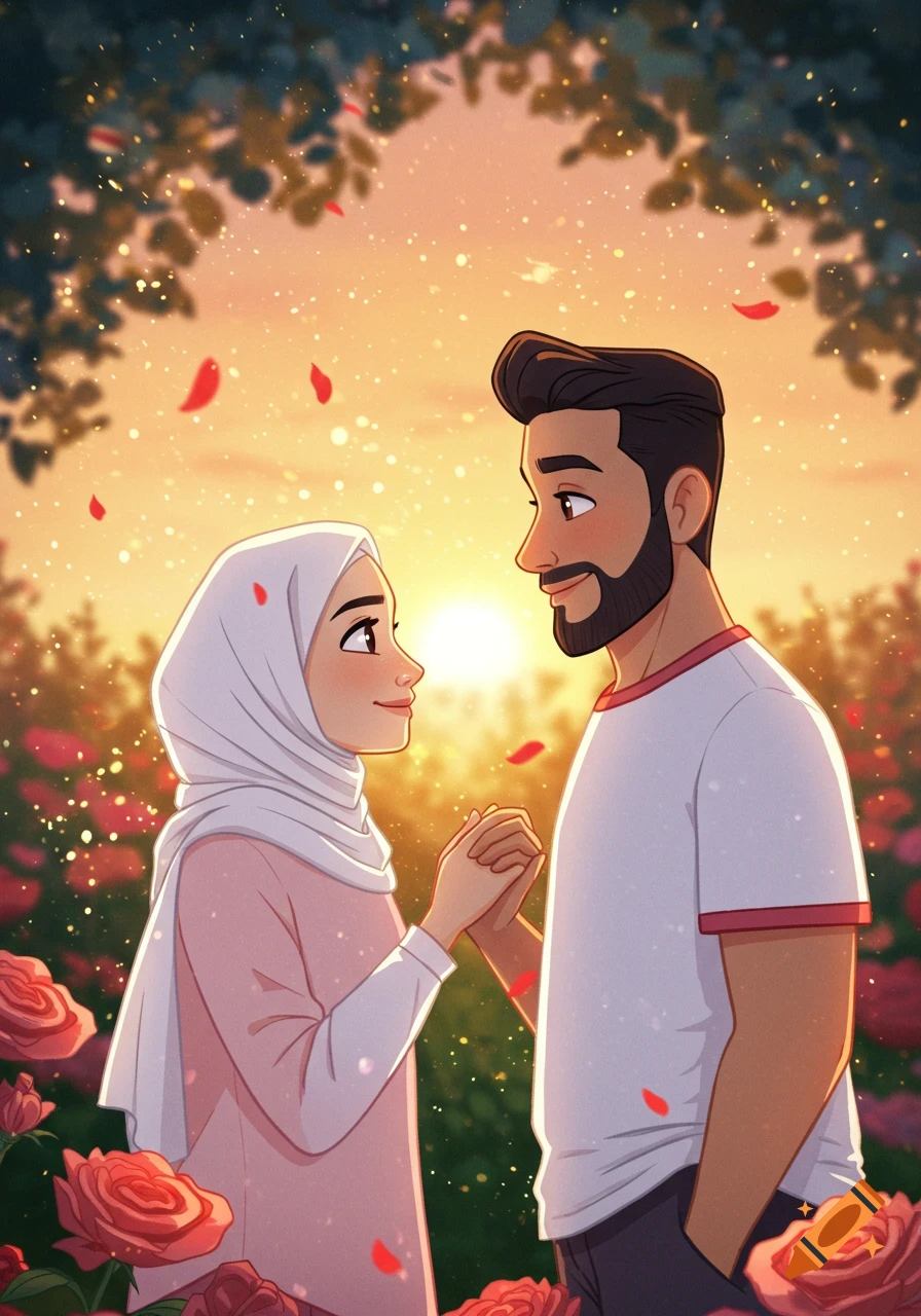 A loving couple in Disney-style illustration, a woman in hijab and a man with a beard hold hands in a golden sunset garden.