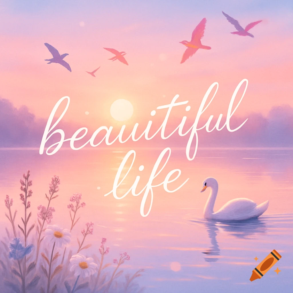 Painterly sunset over a calm lake with a swan, flying birds, and wildflowers. The words 'beautiful life' are in script.