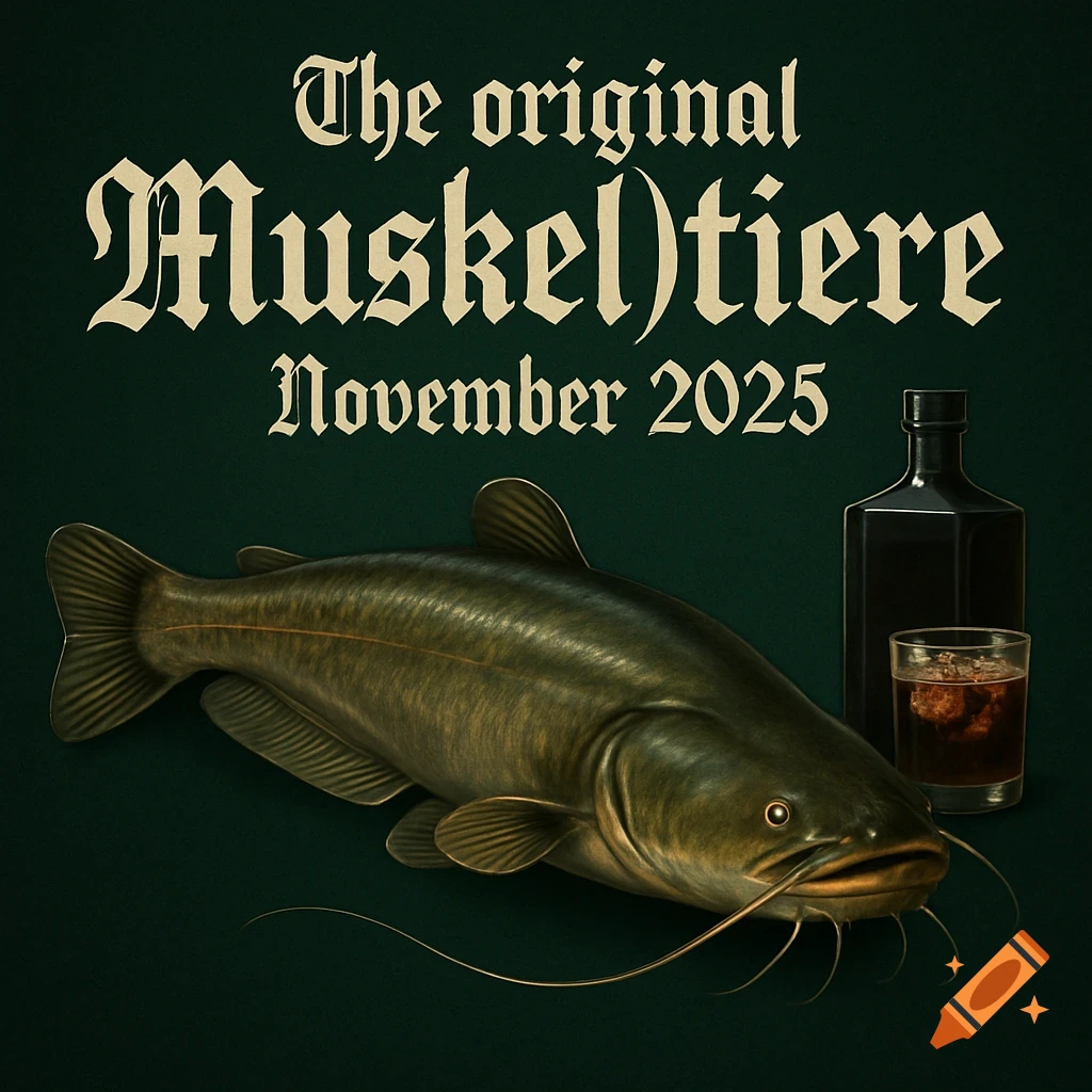 Realistic European Wels catfish with a dark bottle and a glass of cola against a dark green background with text.
