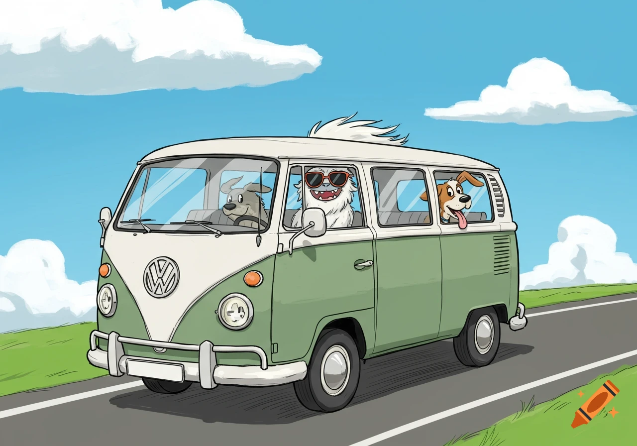 Cartoon sketch of a green and white VW bus with a Yeti driving and two dogs enjoying a road trip.