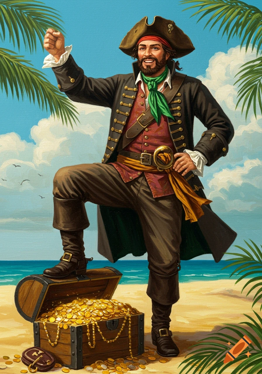 A proud 18th-century style pirate stands on a tropical beach with one foot on an open treasure chest overflowing with gold coins.