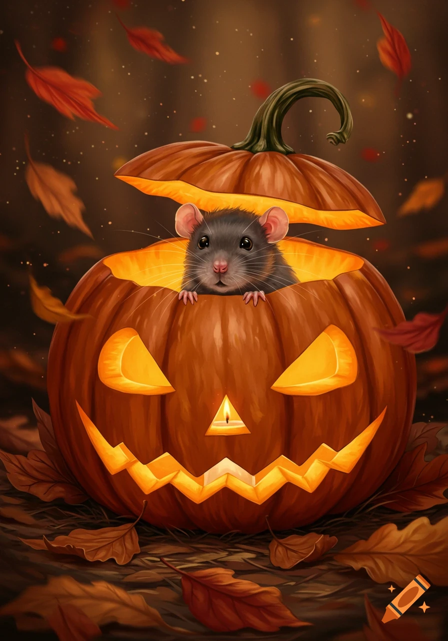 A cute rat peeking out from inside a glowing jack-o'-lantern, surrounded by fallen autumn leaves. Digital art.