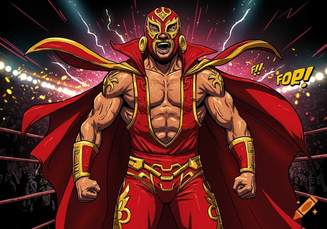 Muscular luchador in red and gold mask and cape, roaring in a comic book style wrestling ring.