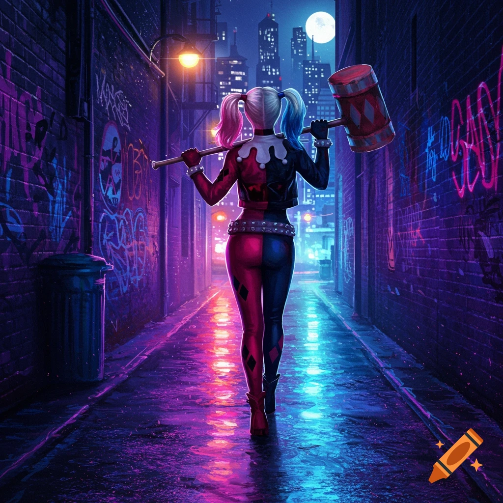 Harley Quinn walks down a wet, neon-lit alley at night, holding a large hammer, with a city skyline under a full moon.