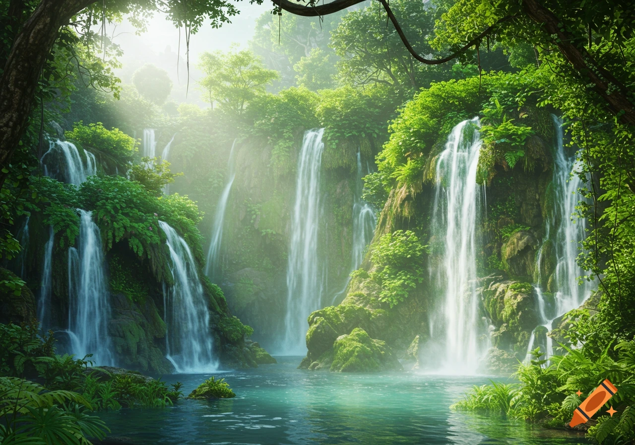 A photorealistic view of multiple waterfalls cascading into a serene turquoise pool surrounded by vibrant, sunlit jungle foliage.