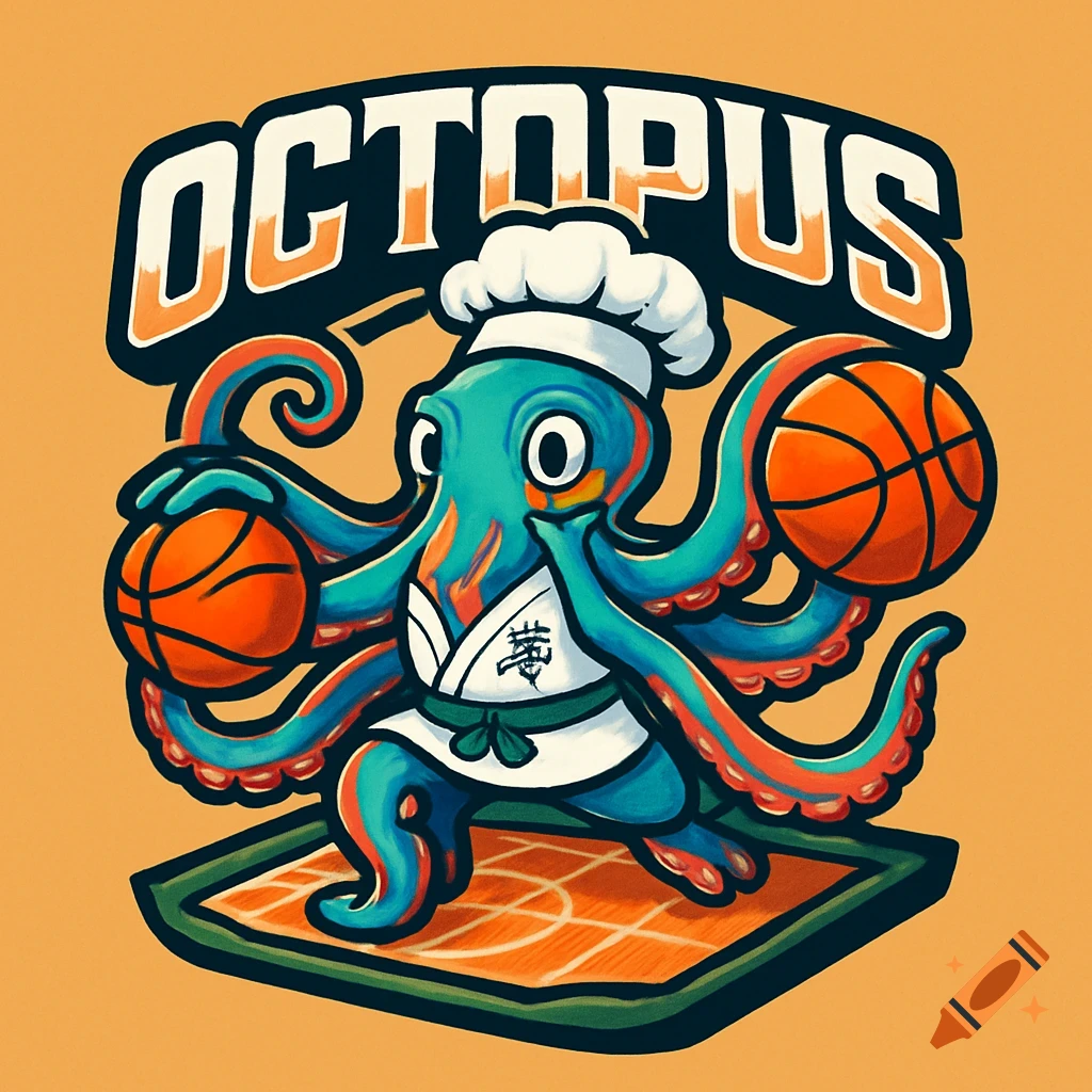 Cartoon octopus chef in a chef hat playing basketball, forming a sports team logo.