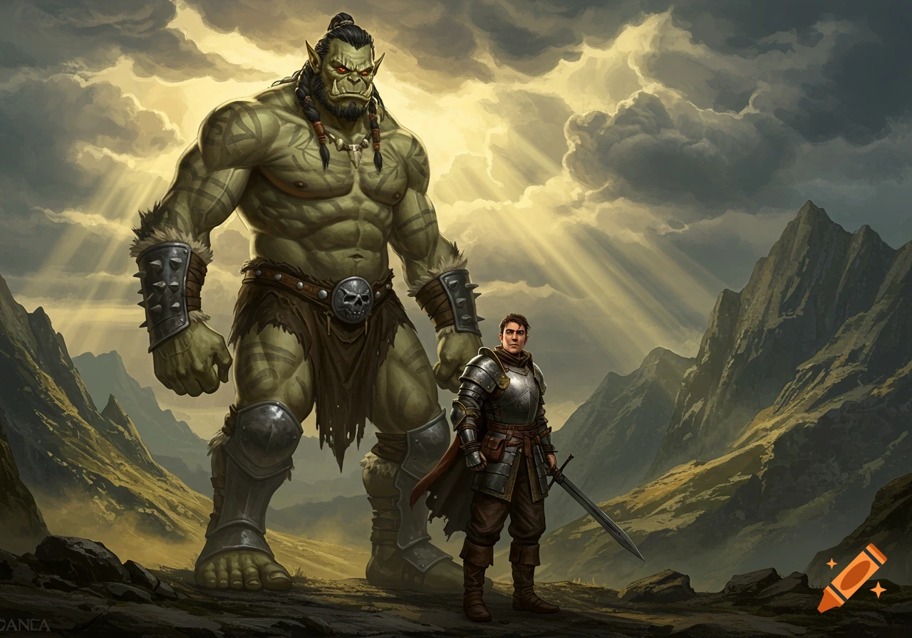 A massive green-skinned, tattooed giant stands beside a human knight in armor, both gazing over a mountain landscape under a dramatic sky.