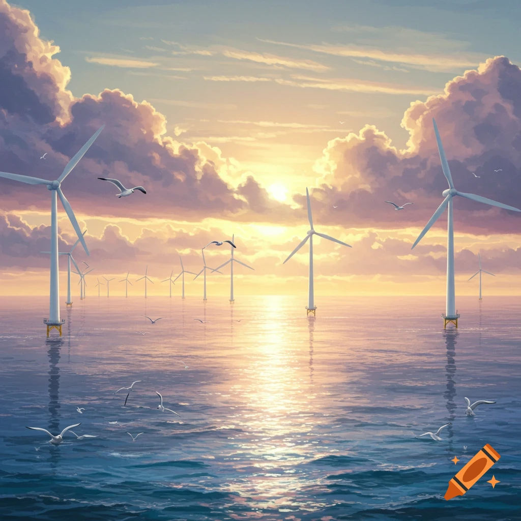 Offshore wind farm at sunset with numerous turbines in the sea, bright reflections on the water, and seagulls flying under a cloudy sky.