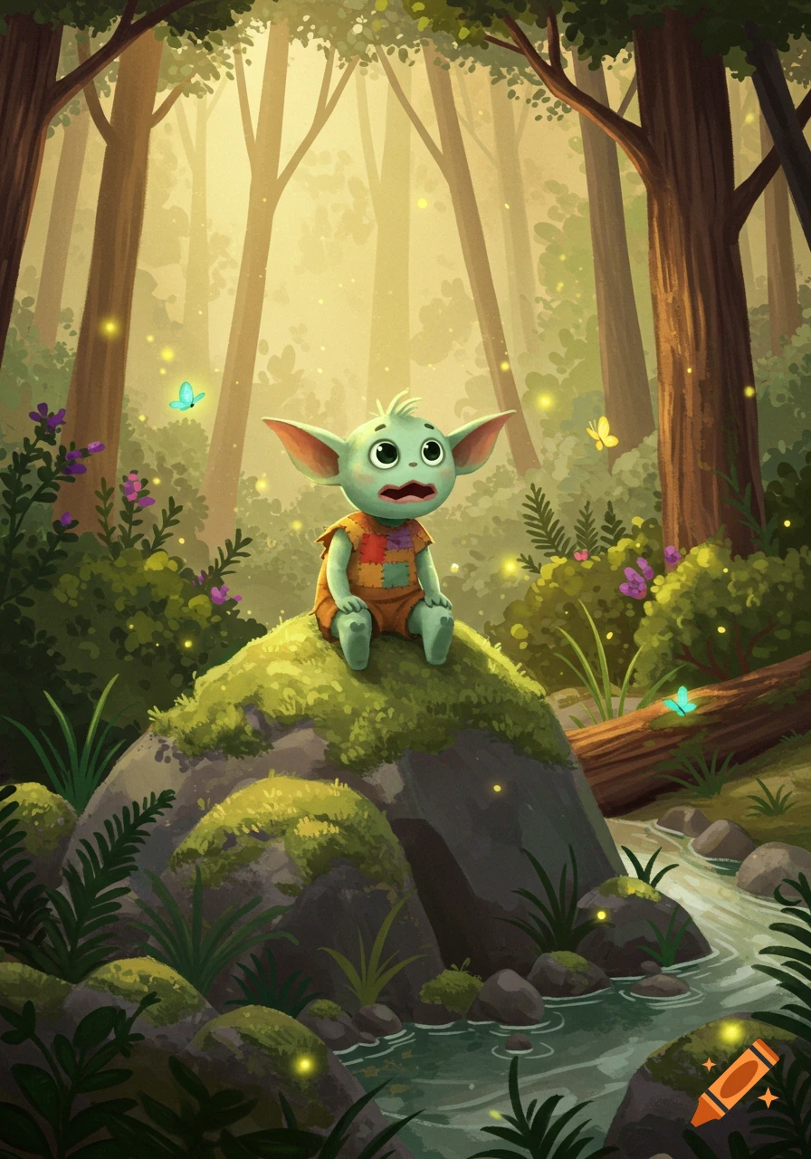 A cute, green, big-eared creature with large eyes and a patched tunic sits on a mossy rock in a magical forest with glowing fireflies, a stream, and trees, in a cartoon style.