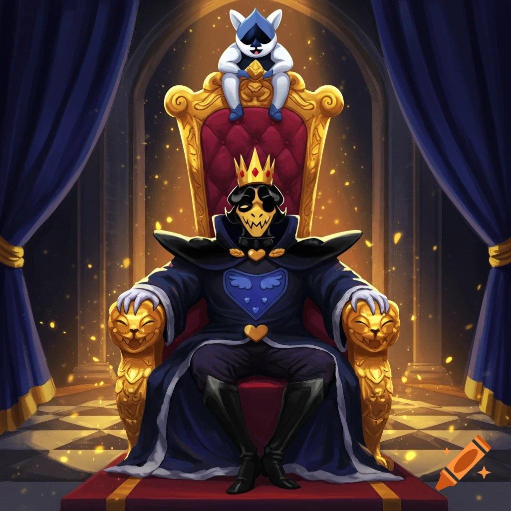 King Spade from Deltarune sits on an ornate golden throne in a regal hall, with Lancer perched on his crown, in a colorful illustration.