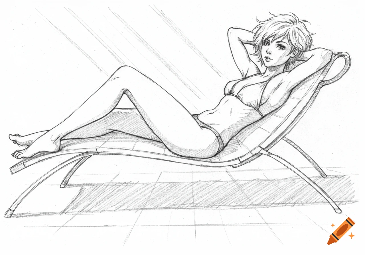 Pencil sketch of a woman with short hair in a bikini, lying on a lounge chair.