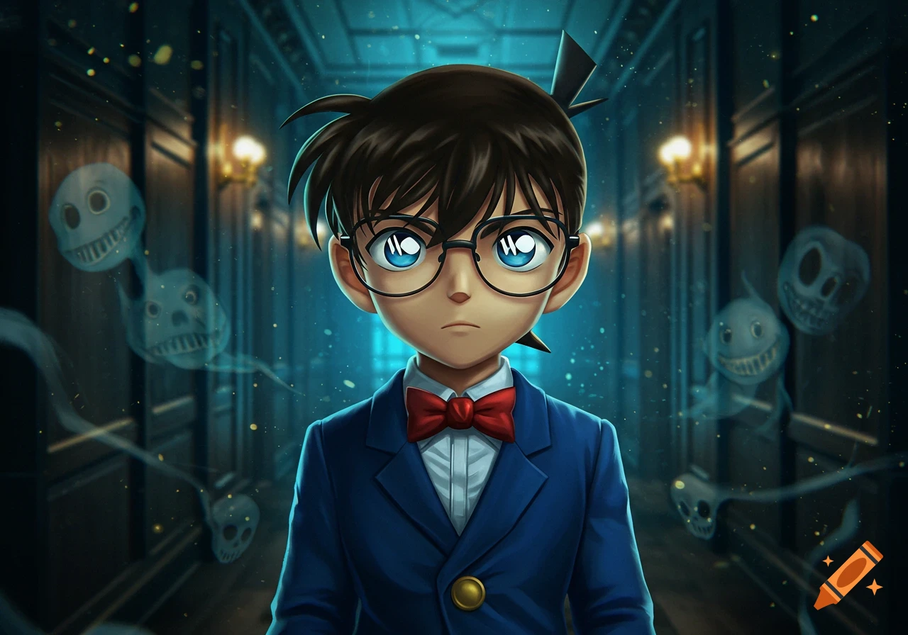 Anime boy Conan Edogawa in a blue suit and red bow tie, standing in a dark hallway with ghostly figures floating around him, in a cartoon style.