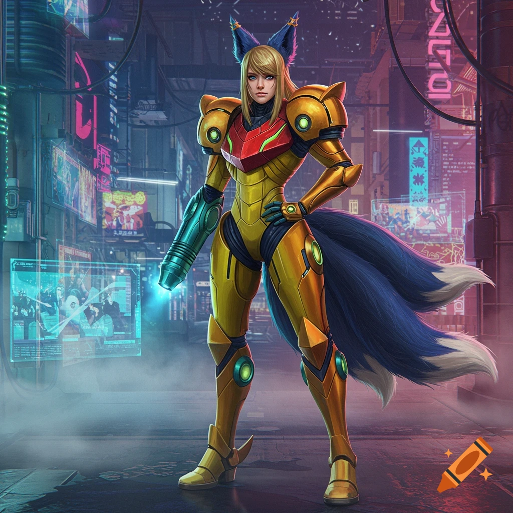 Samus Aran in a golden power suit with fox ears and tails, standing in a neon-lit cyberpunk city street.